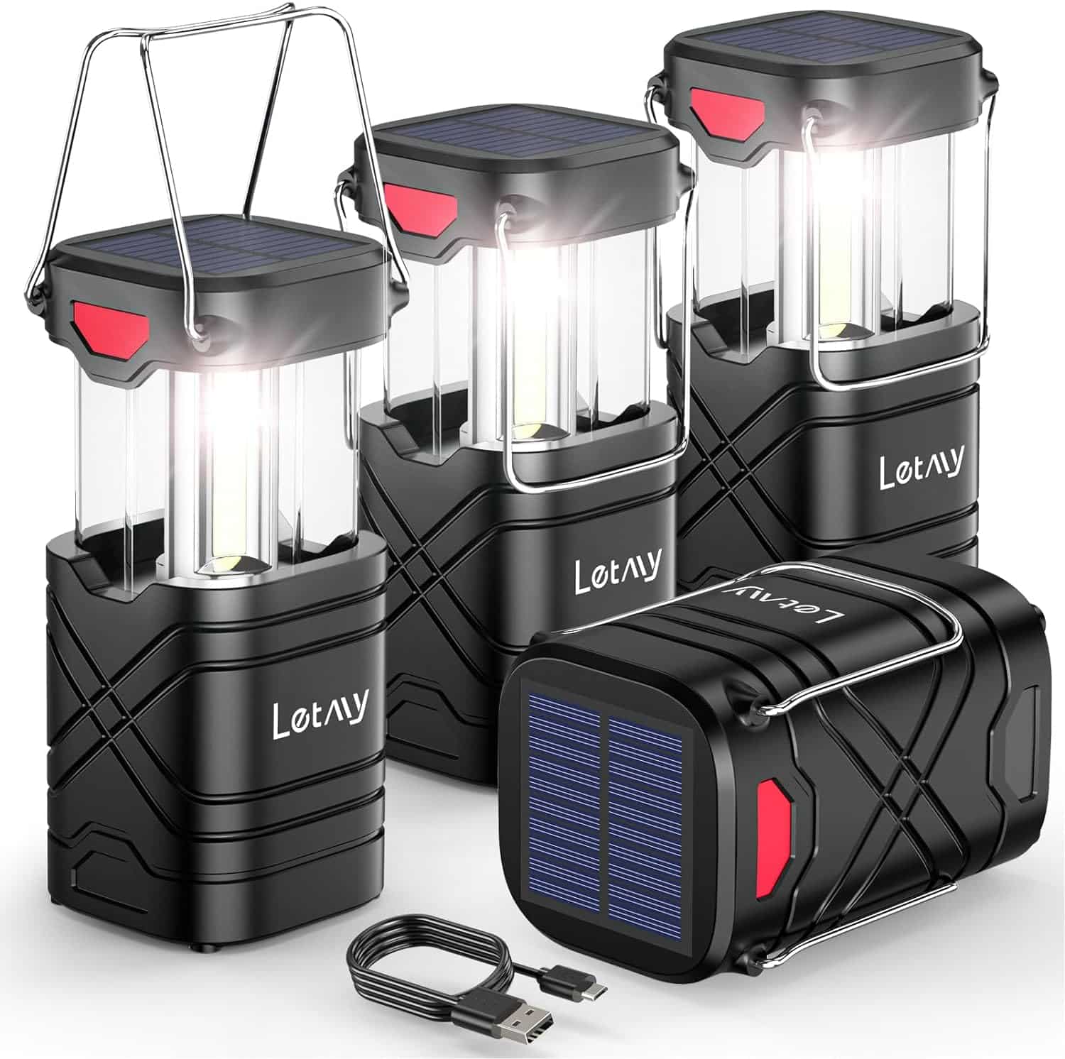 LETMY 4 Pack Camping Lantern, Rechargeable LED Lanterns, Solar Lantern Battery Powered Hurricane Lantern Flashlights with 3 Powered Ways  USB Cable for Emergency, Power Outage, Hurricane Supplies
