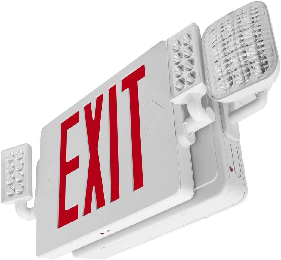 LFI Lights | Thin Combo Red Exit Sign with Emergency Lights | White Housing | All LED | Two Adjustable Heads | Hardwired with Battery Backup | UL Listed | (1 Pack) | COMBOT-R