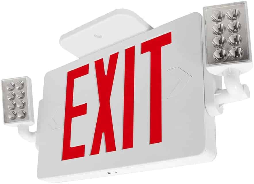 LFI Lights | Thin Combo Red Exit Sign with Emergency Lights | White Housing | All LED | Two Adjustable Heads | Hardwired with Battery Backup | UL Listed | (1 Pack) | COMBOT-R