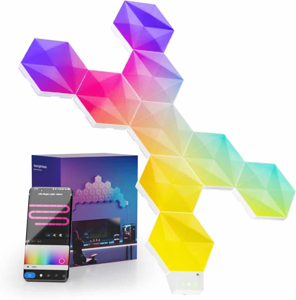 LPMYLMC Smart LED Hexagon Wall Lights, Light Panels, Wi-Fi RGB-IC Home Decor Creative Lights with Music Sync, Works Alexa Google Assistant for Gaming Rooms, Living Room, Bedroom, 10 Pack, White