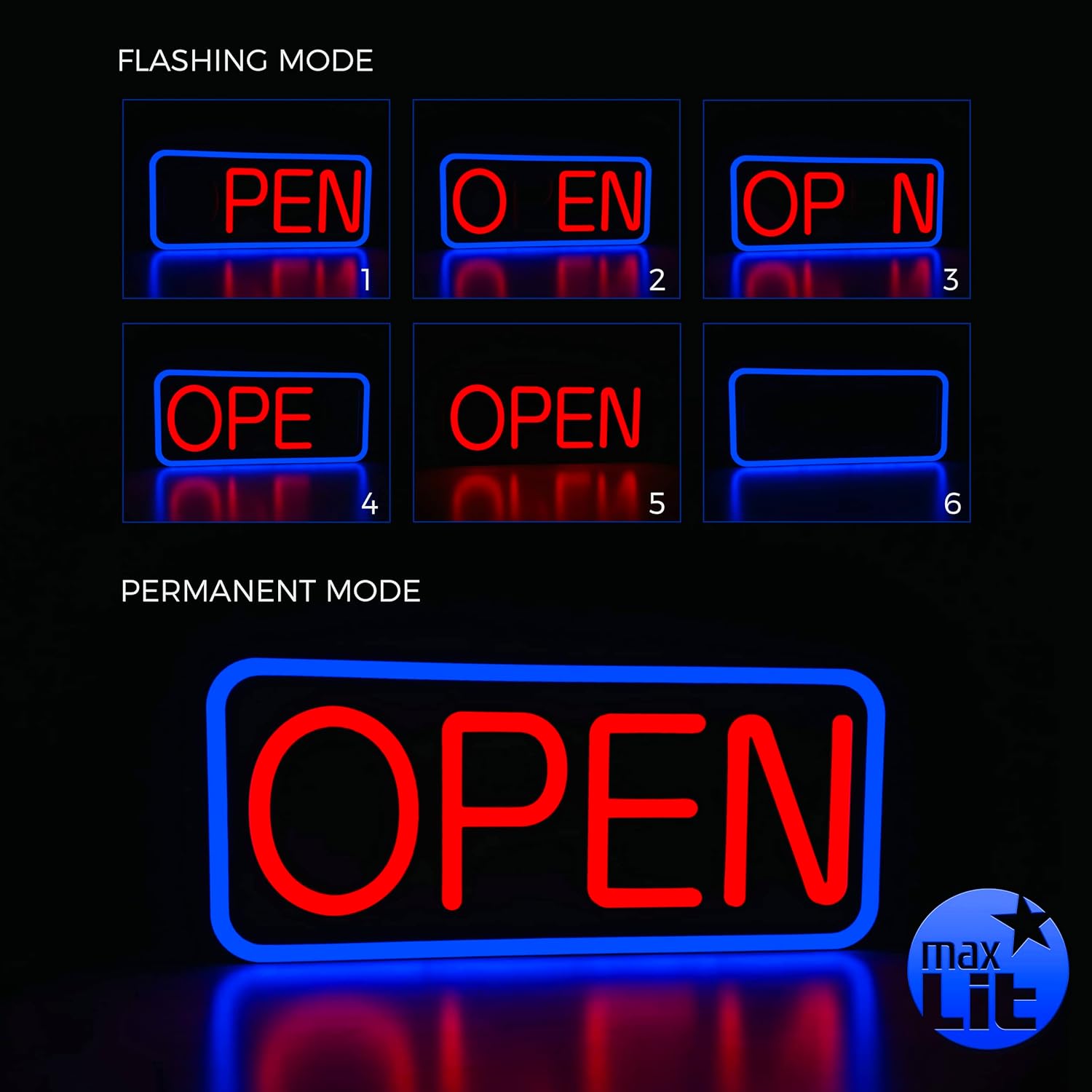 MaxLit 21 X 10 New Ultra Bright LED Neon Sign - OPEN - Remote Controlled (Blue/Red)