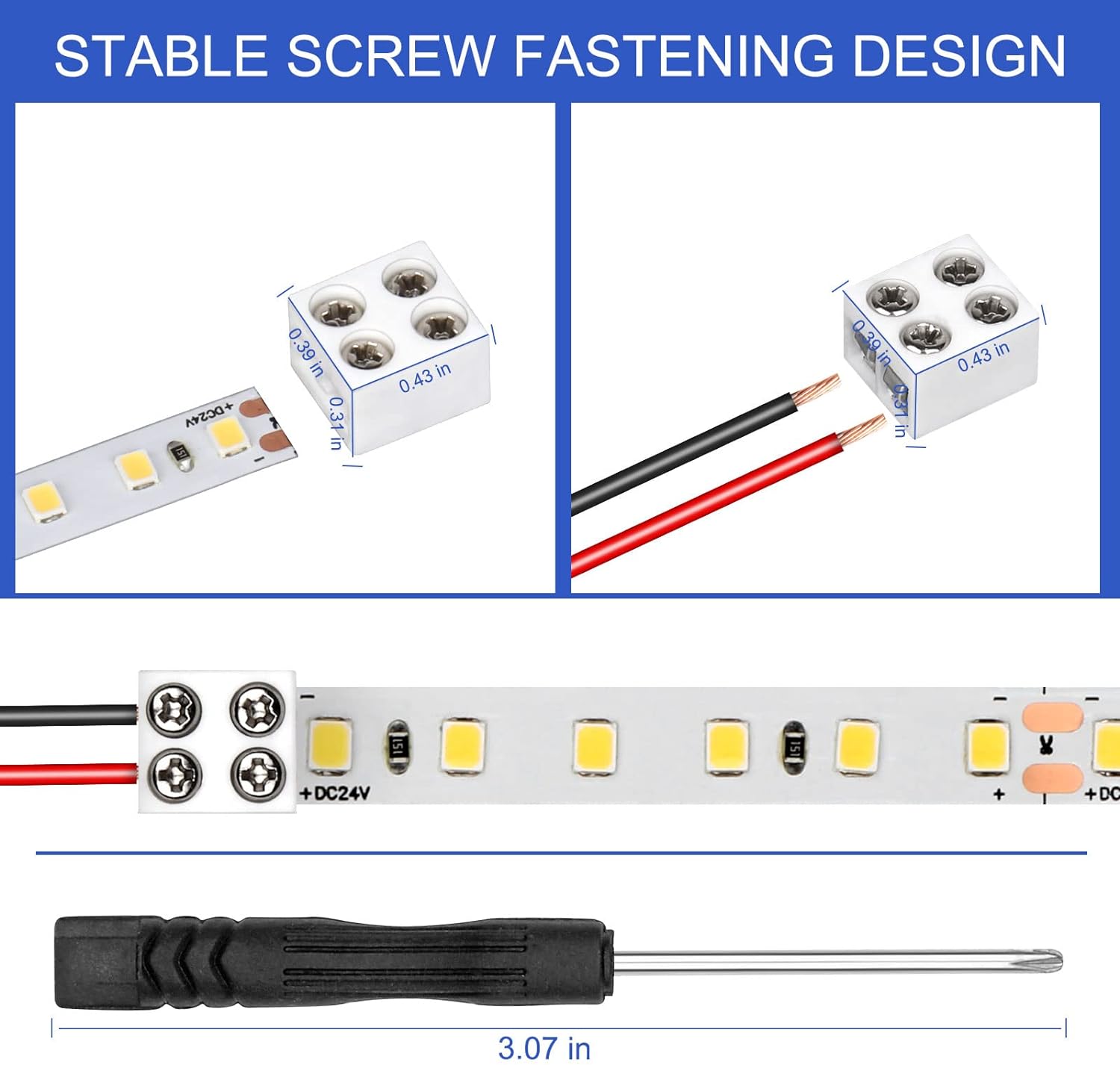 MILDWARM 40 Pack Solderless LED Strip Connectors, 2 Pin LED Connectors for 5V 12V 24V Low Voltage Strip Lights, Screw Down 8mm Tape to Wire, Easy-to-Install LED Tape Light Connector with Screwdriver