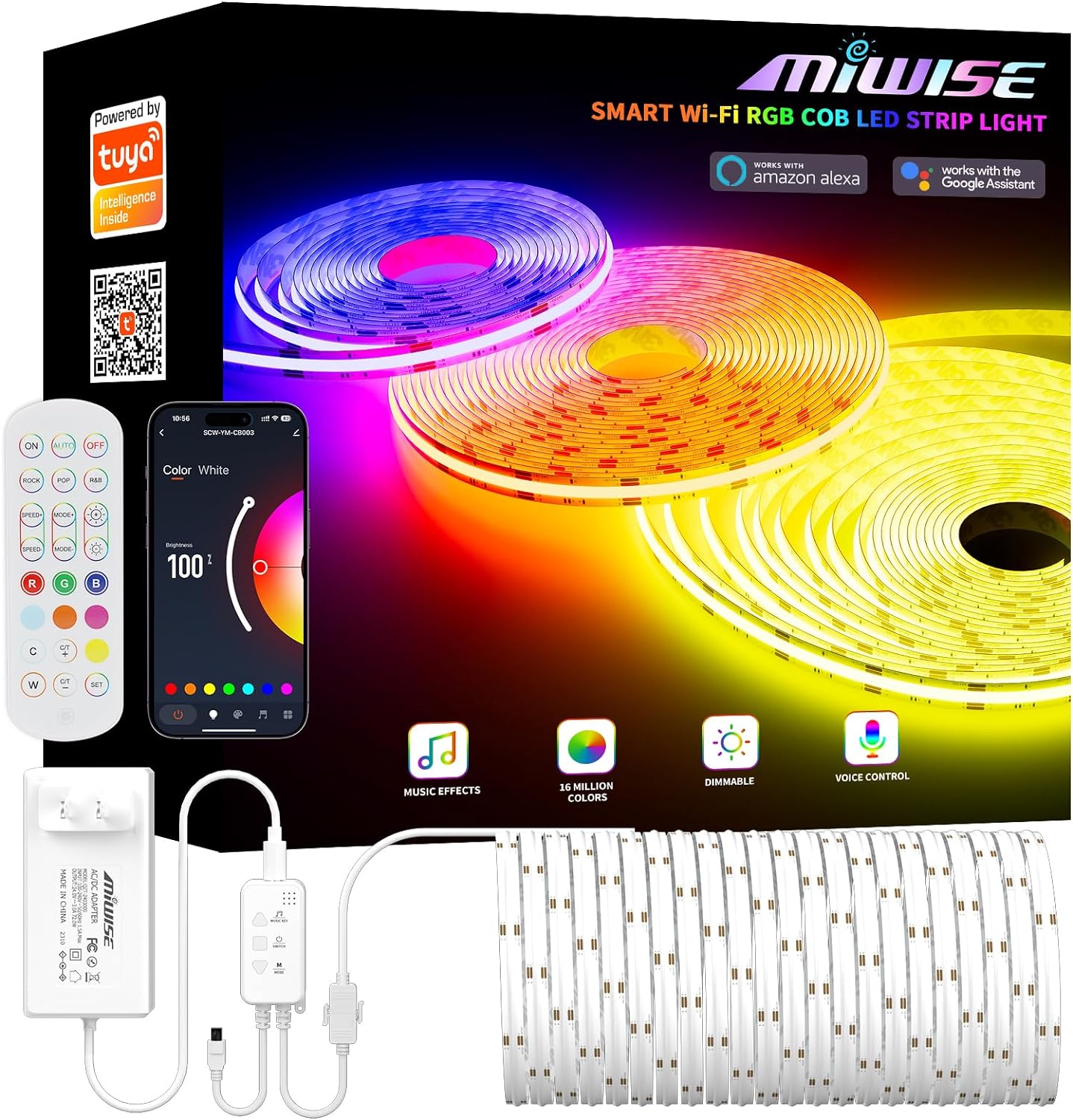 MIWISE RGB COB LED Strip Light 9.84ft/3m,Color Changing Dimmable Strip Light DC24V,Work with Alexa/Google Assistant/Tuya Multicolor Flexible Tape Light,for TV,Bedroom,Party DIY Decoration