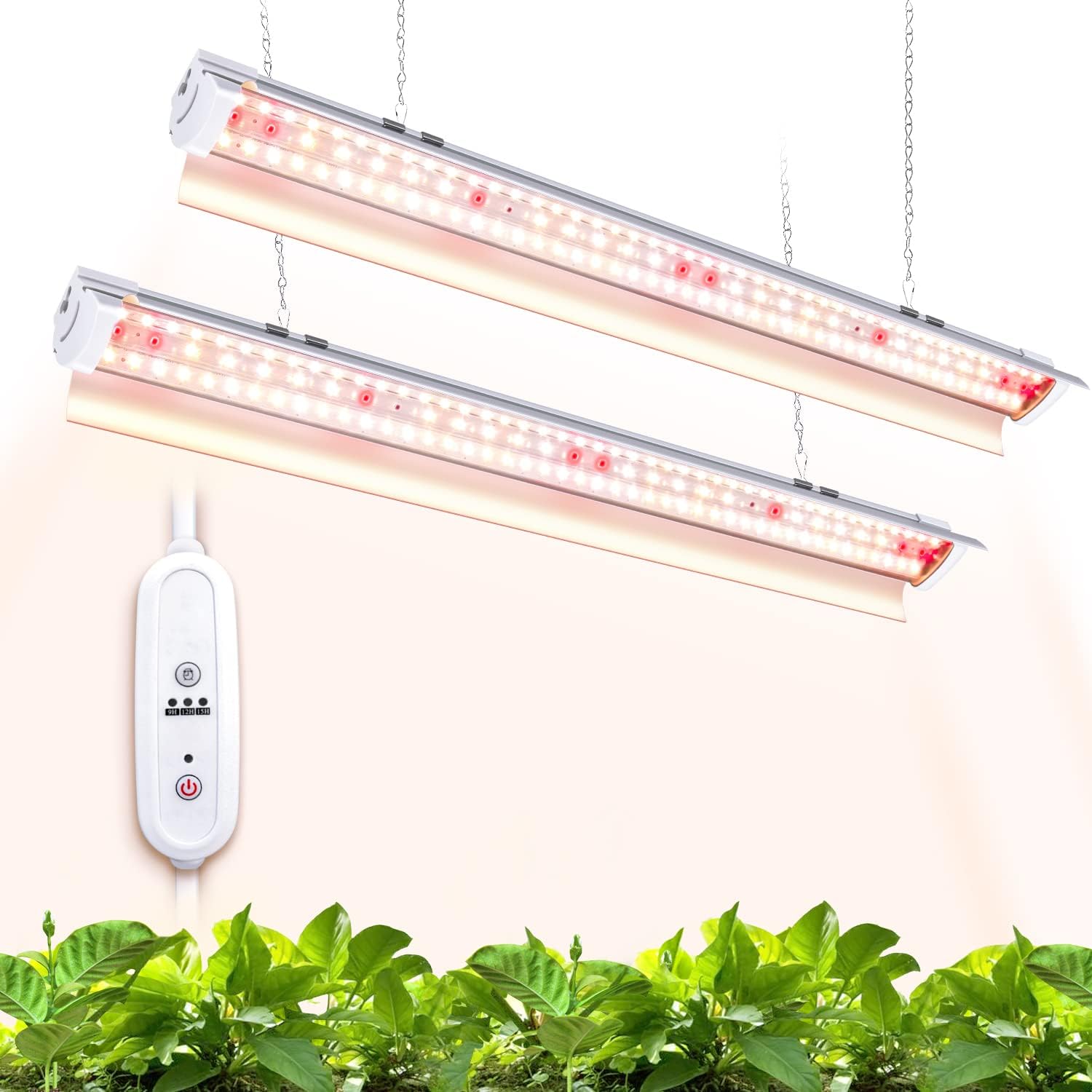 Monios-L Grow Lights for Indoor Plants with Timer, Full Spectrum with IR, 4FT 120W(2x60W,300W Equivalent), Hanging Grow Lamp with Reflector for Seedling, Flowering, Fruiting, Plug and Play, 2-Pack
