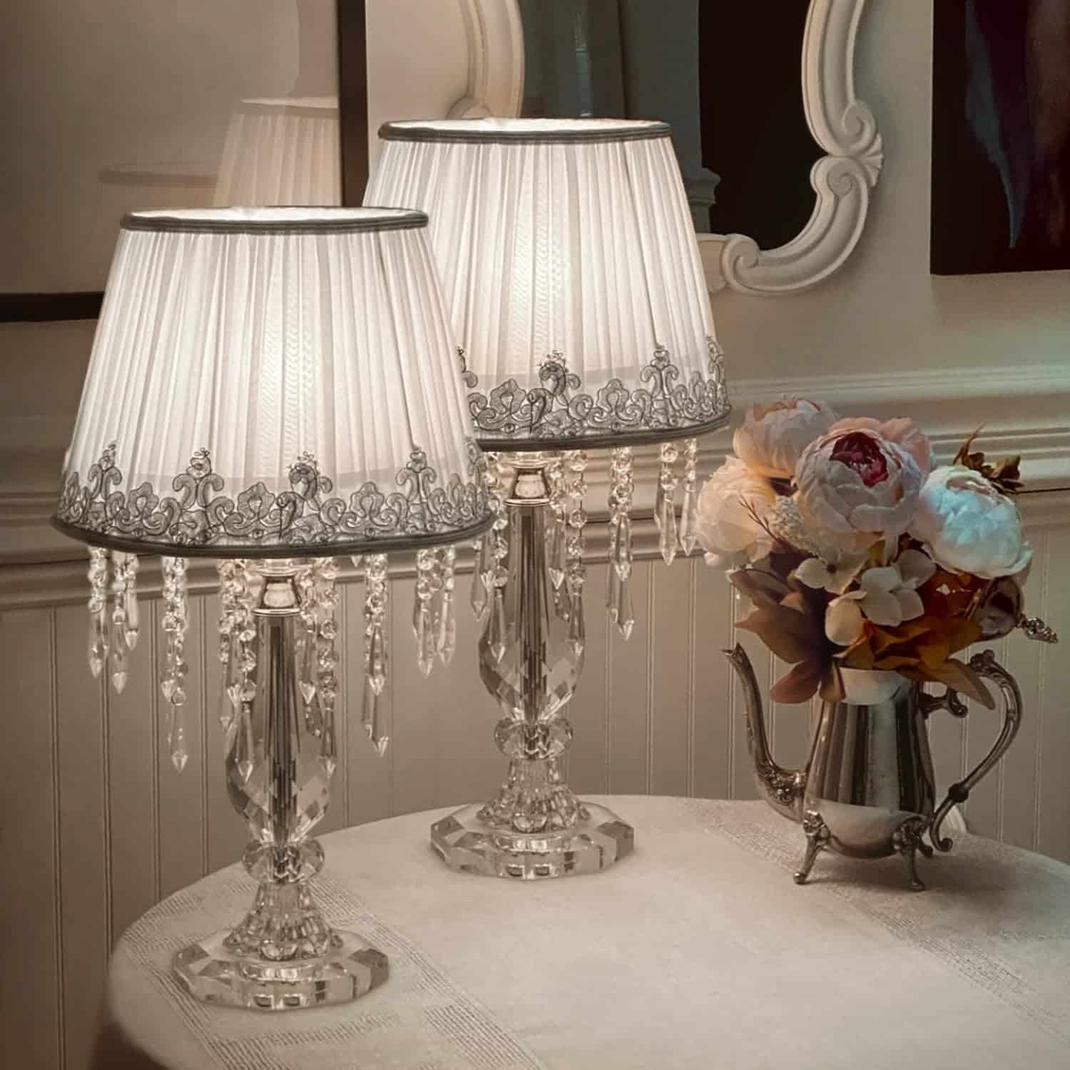 Moooni Modern Bedside Crystal Table Lamp with Ruched Fabric Lampshade Elegant Plug-in Crystal Chandelier Nightstand Lamp for Living Room Girls Room Set of 2 Dimmable W 12.8 X H 22.8