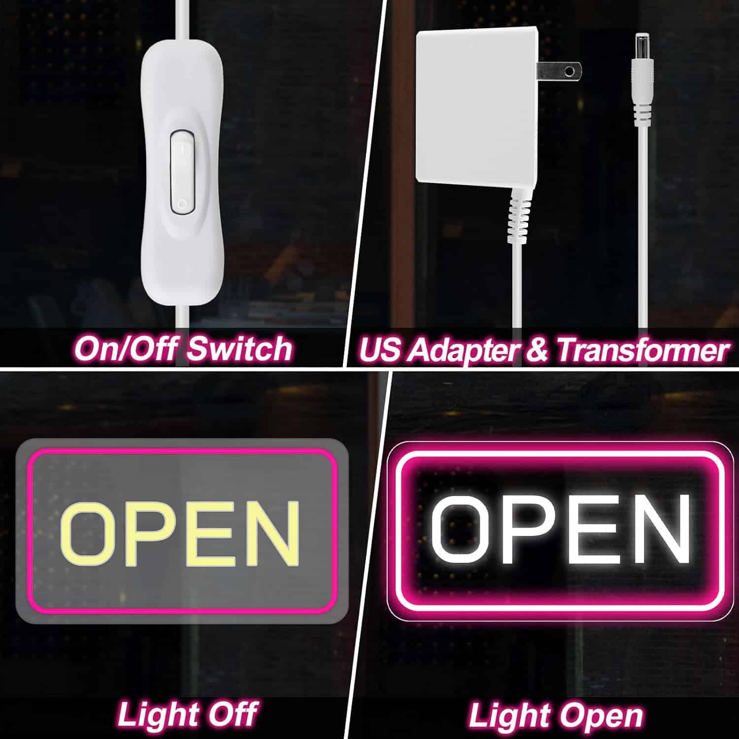 Neon Open Signs for Business, 16x 9 LED Open Sign, Super Bright Open Neon Sign (BluePink), with ON/OFF Switch  Adapter, Neon Light Up Sign for Window Party Wall Bars Coffee Salon Club Hotel