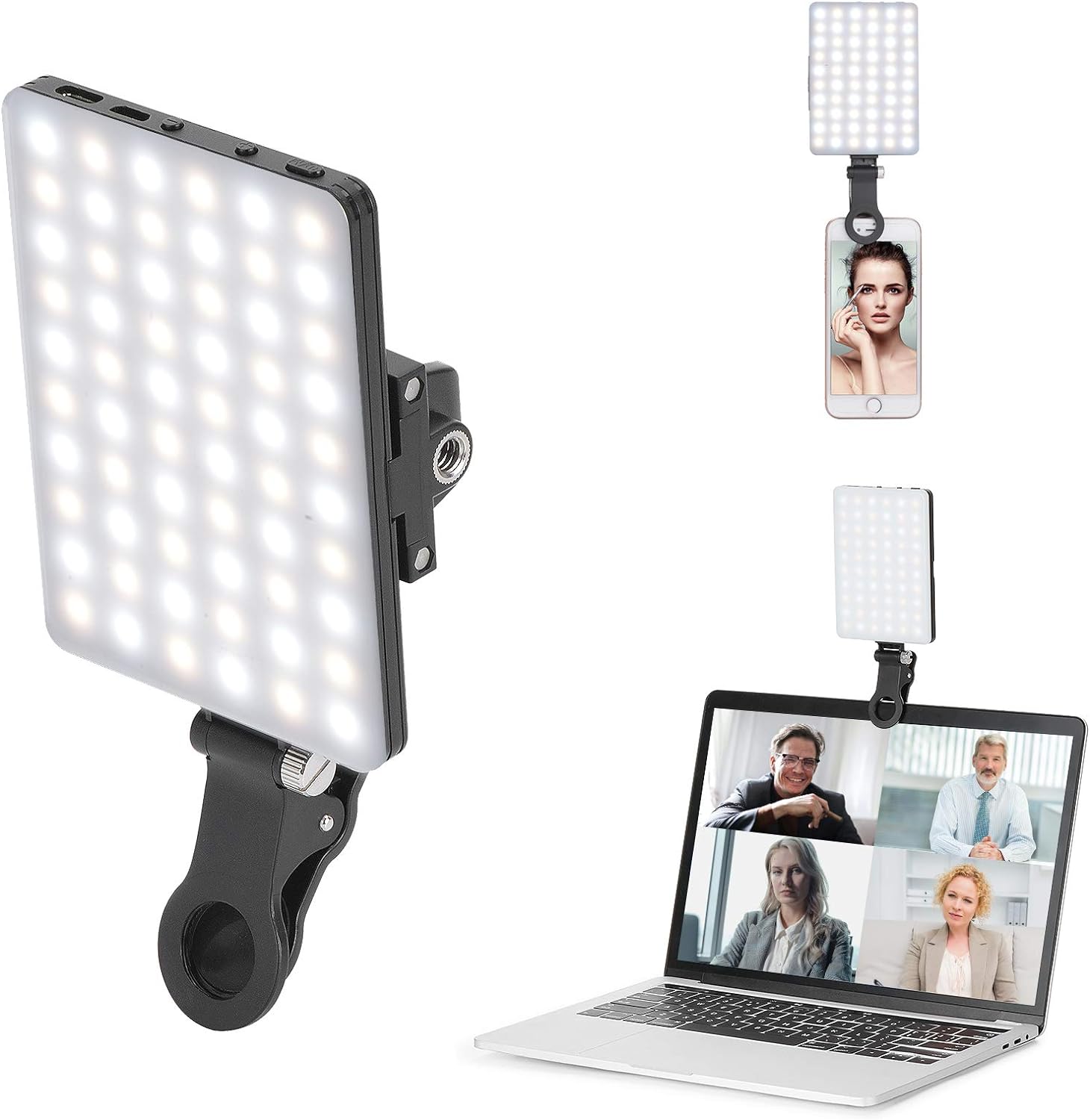 Newmowa 60 LED High Power Rechargeable Clip Fill Video Conference Light with Front  Back Clip, Adjusted 3 Light Modes for Phone, iPhone, Android, iPad, Laptop, for Makeup, TikTok, Selfie, Vlog