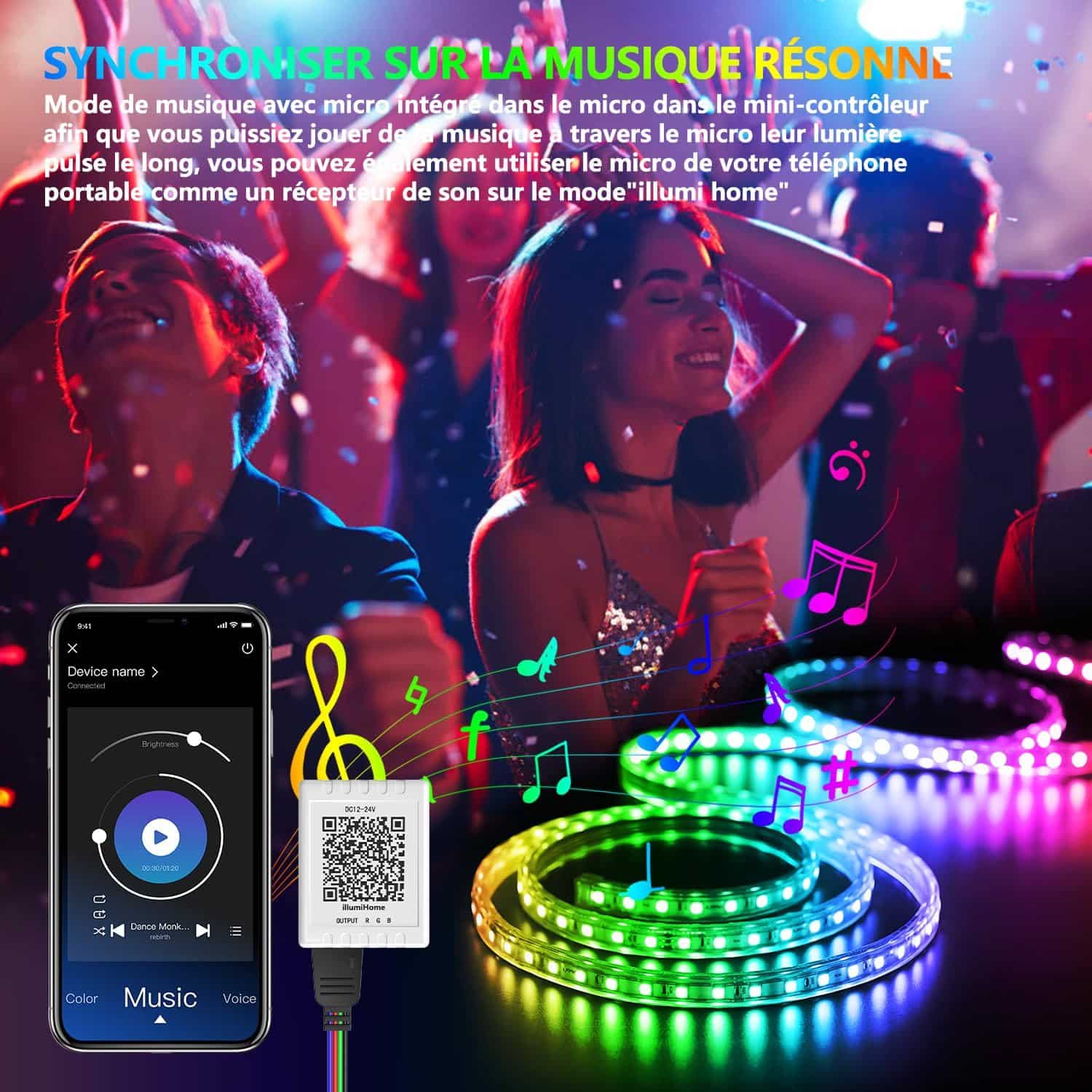 Nexillumi 100Ft Music Sync Color Changing LED Strip Lights with Remote, App Control, Built-in Mic (APP+Remote+Mic)