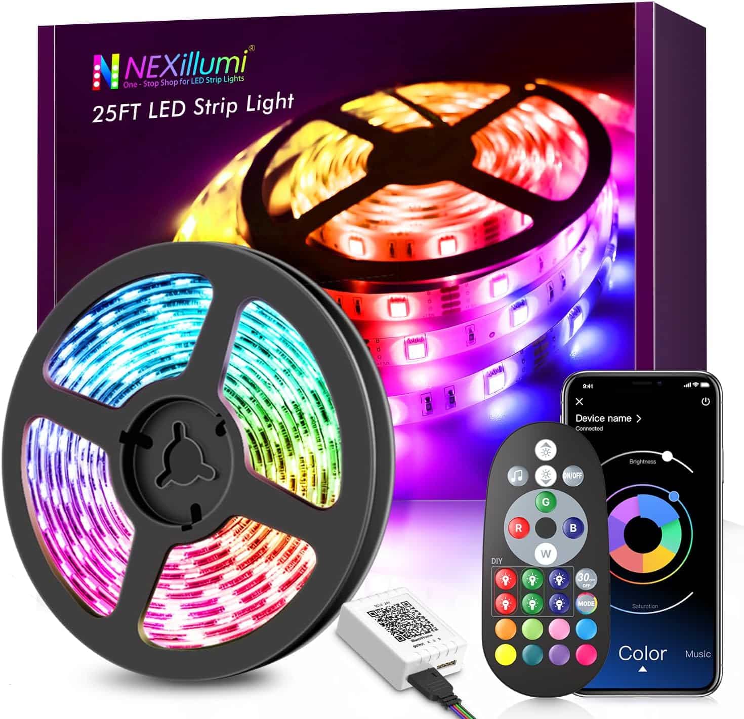 NEXillumi 25ft LED Strip Lights, APP Control Music Sync Color Changing LED Light Strip, SMD 5050 RGB LED Tape Lights with IR Remote (APP+Remote+Mic+3-Button Switch).