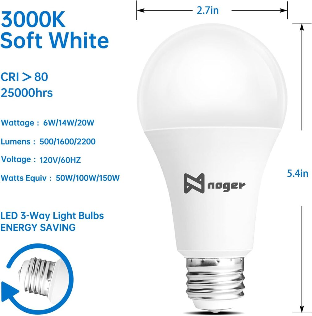 Noger 3-Way Led A21, 50 100 150W Equivalent, 5000K Daylight, E26 Light Bulbs for Reading, 500-1600-2200LM, 2 Pack