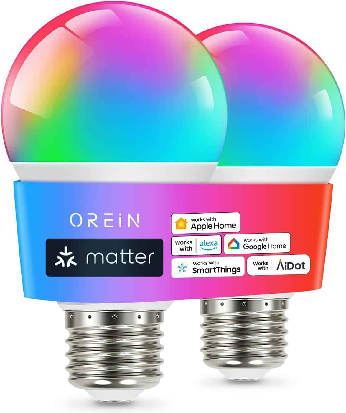 OREiN Matter Smart Light Bulbs Reliable WiFi Light Bulb with Matter A19 E26 LED Color Changing Light Bulbs 9W Equi 60W 800LM CRI90 Work with Alexa/Google Home/Apple Home/SmartThings/Siri 2Pack