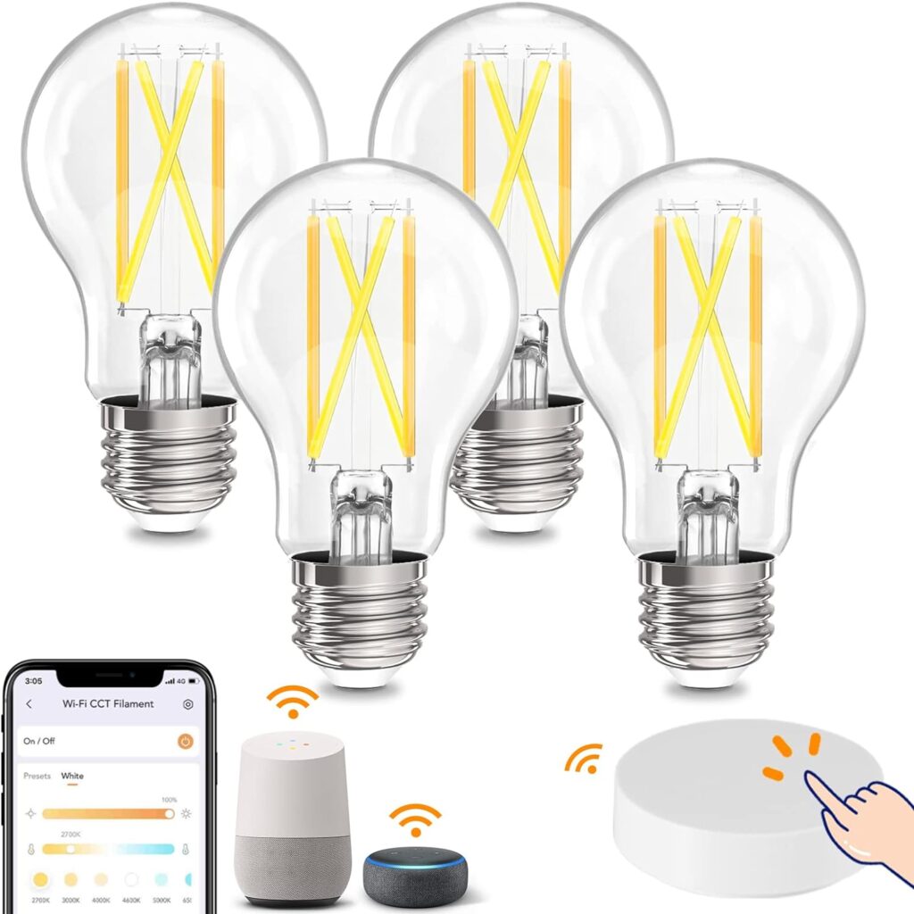 OREiN Smart LED Edison Light Bulb with Remote Control WiFi A19 Vintage Light Bulbs E26 Base 800Lm, 8W 60W Equiv Tunable 2700K-6500K Filament Bulbs Work with Alexa/Google/Aidot APP 4pack+1Romote