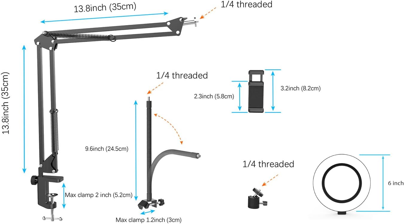 Overhead Camera Mount with Ring Light, Flexible Articulating Phone Arm Stand Compatible with iPhone, Logitech Webcam, Desk Tripod for YouTube Live Stream Cooking Nail Video Recording