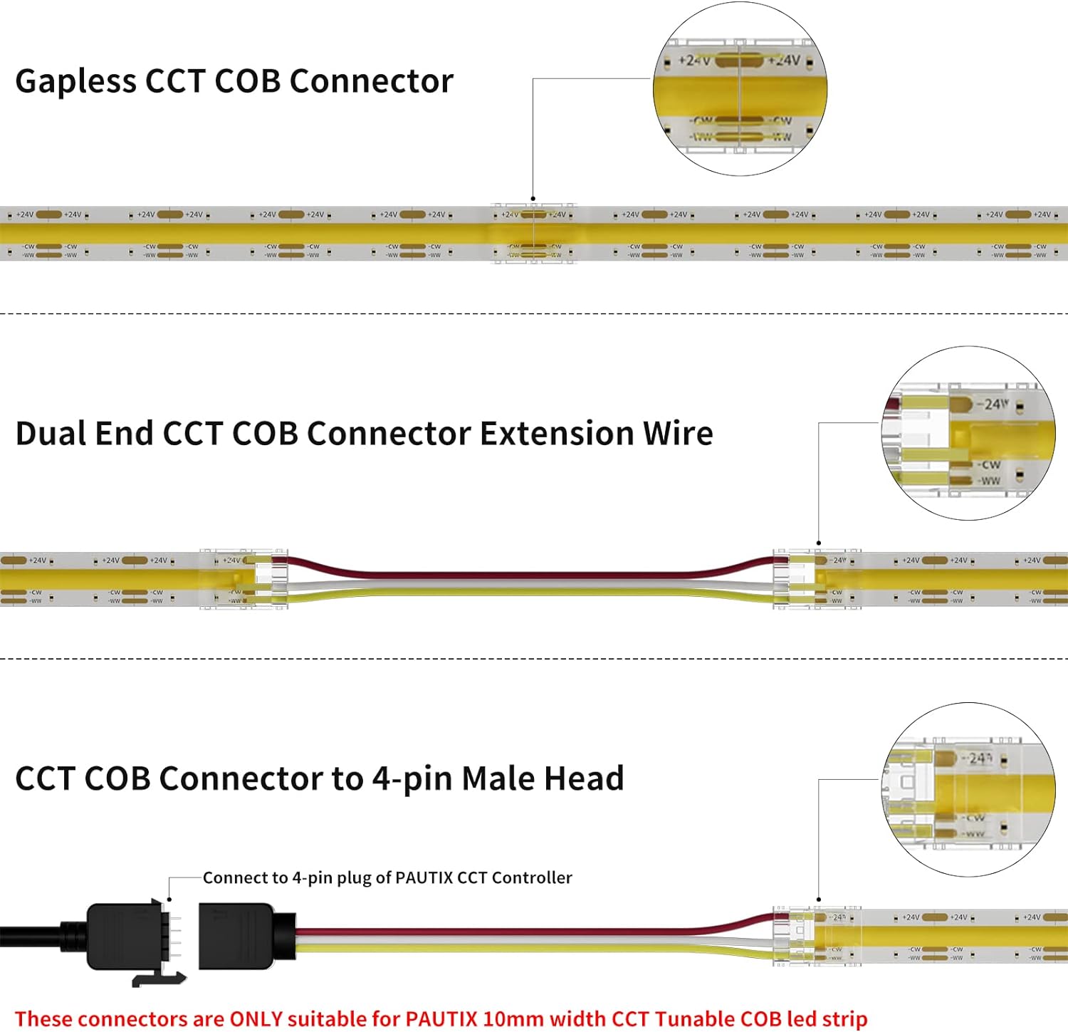 PAUTIX 10mm Connectors 6pcs T Connectors,Solderless Terminal Extension Connection for 3-Pin CCT COB LED Strip Lights,NOT for 12mm/8mm/5mm LED Tape Lights