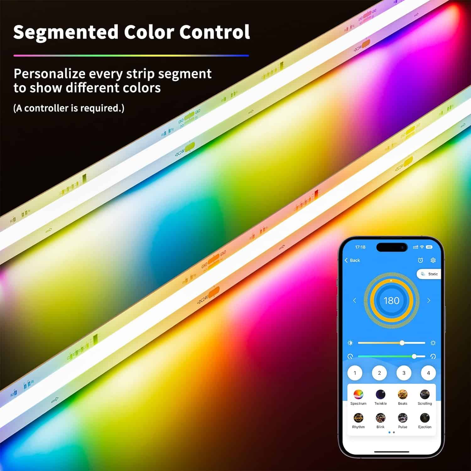 PAUTIX IP65 Waterproof RGB Smart IC COB LED Strip Light Addressable 24ft/7.5m,24V Color Flowing Strip Light Multicolor Flexible Tape Light for TV,Room,Party DIY Decoration(Without ControllerAdapter)