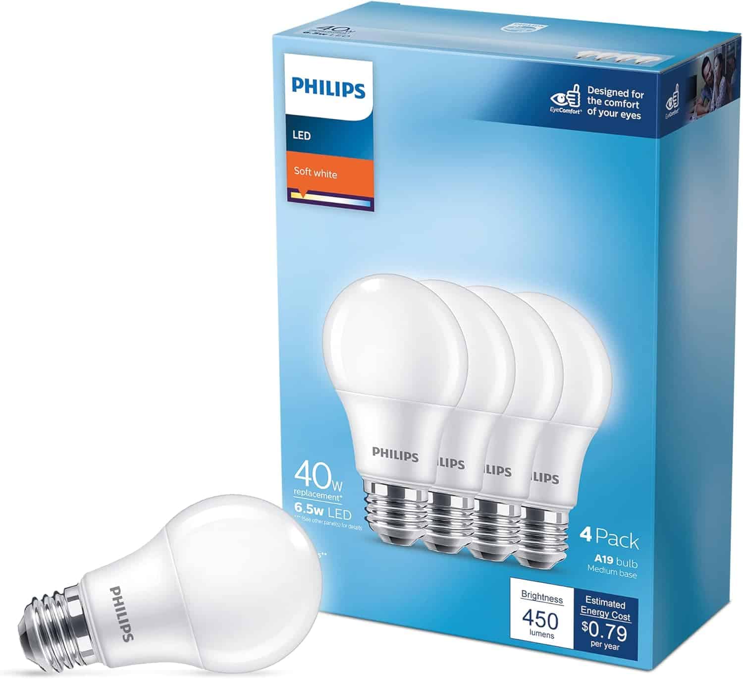 Philips LED Basic Frosted Dimmable A19 Light Bulb - EyeComfort Technology - 450 Lumen - Soft White (2700K) - 6.5W=40W - E26 Base - Indoor (Pack of 4)
