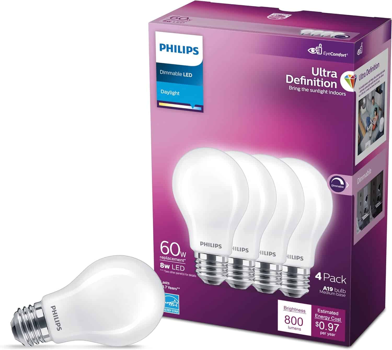 Philips LED Flicker-Free Frosted Dimmable A19 Light Bulb - EyeComfort Technology - 800 Lumen - Daylight (5000K) - 8W=60W - E26 Base - Title 20 Certified - Ultra Definition - Indoor - 4-Pack