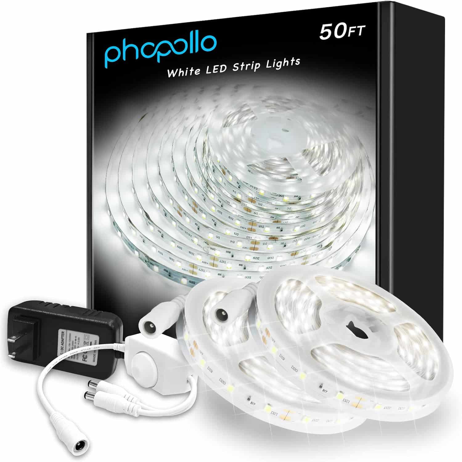 phopollo White LED Strip Lights, 50ft Dimmable 6500k Daylight White Led Light Strip, 900 LEDs Flexible Led Lights for Bedroom, Mirror, Kitchen Decoration