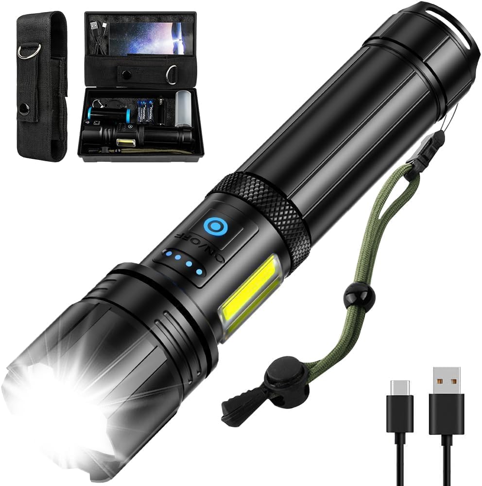 Rechargeable LED Flashlights High Lumens, 900,000 Lumen Brightest Flash Light, High Power Flashlight USB with 5000 mAh Capacity, IPX7 Waterproof Handheld LED Torch for Home, Camping, Hiking