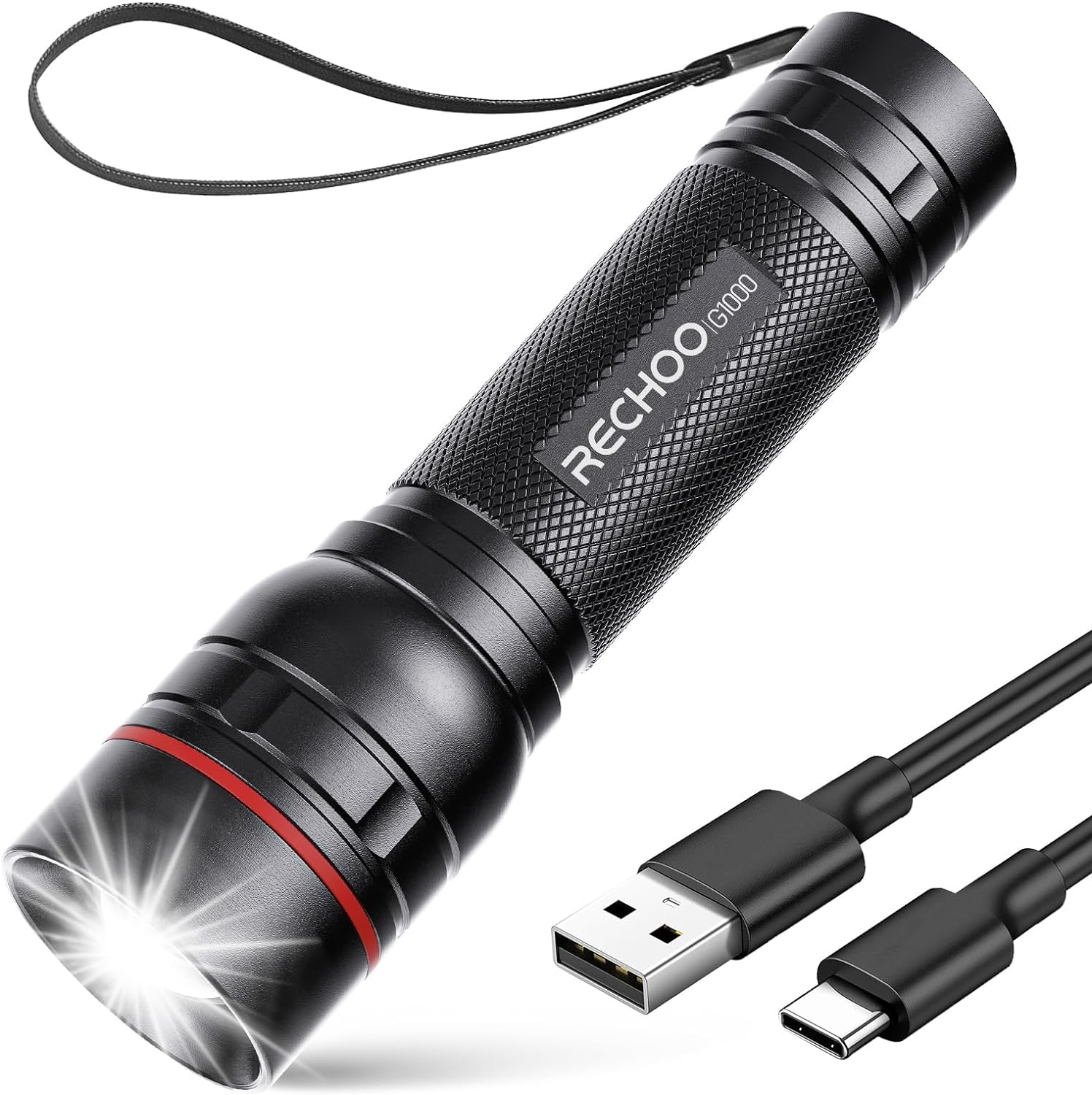 RECHOO Rechargeable Flashlights High Lumens, G1000 Super Bright Flash Light, Small Zoomable Led Flashlight with 3 Lighting Modes, Portable Tactical Flashlights for Camping (Battery Included)