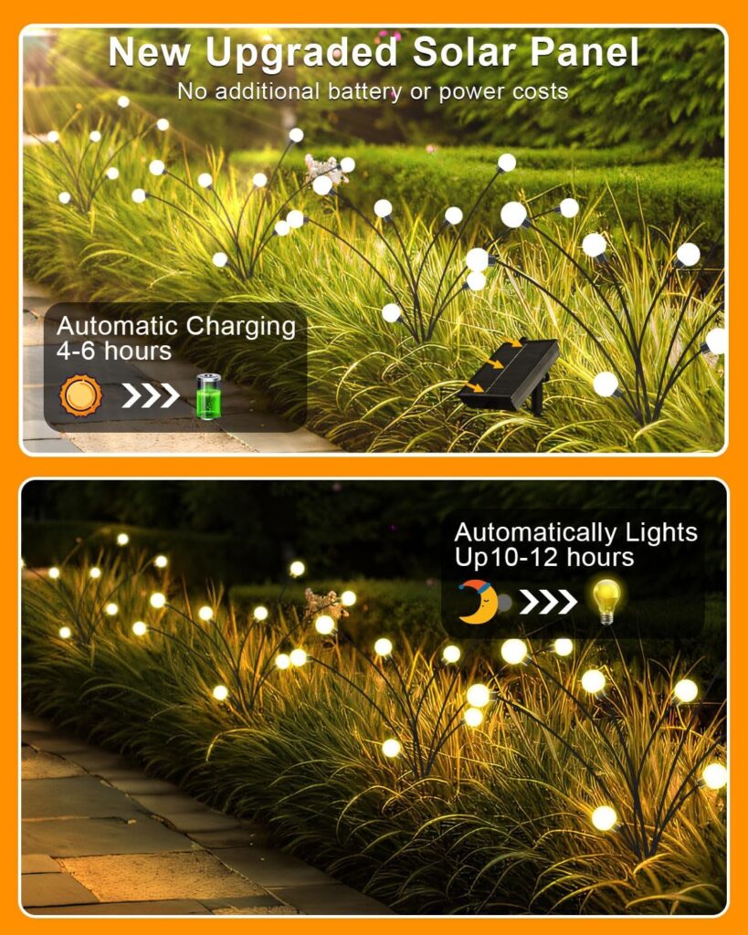 Solar Garden Lights for Outside 4 Pack - New Upgraded Outdoor Solar Firefly Lights, 8 Modes Remote Control  Waterproof, Powered Light for Yard, Landscape, and Pathway Decorations, Warm White