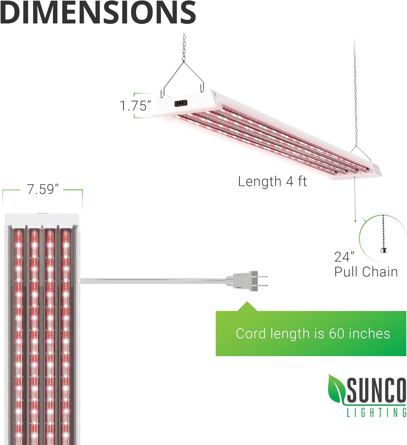 Sunco 4FT LED Grow Lights Full Spectrum for Indoor Plants 80W Integrated Suspended Fixture, Plug in Linkable for Indoor Greenhouse Year Round Plant Seedling Grow Lamp Super Bright