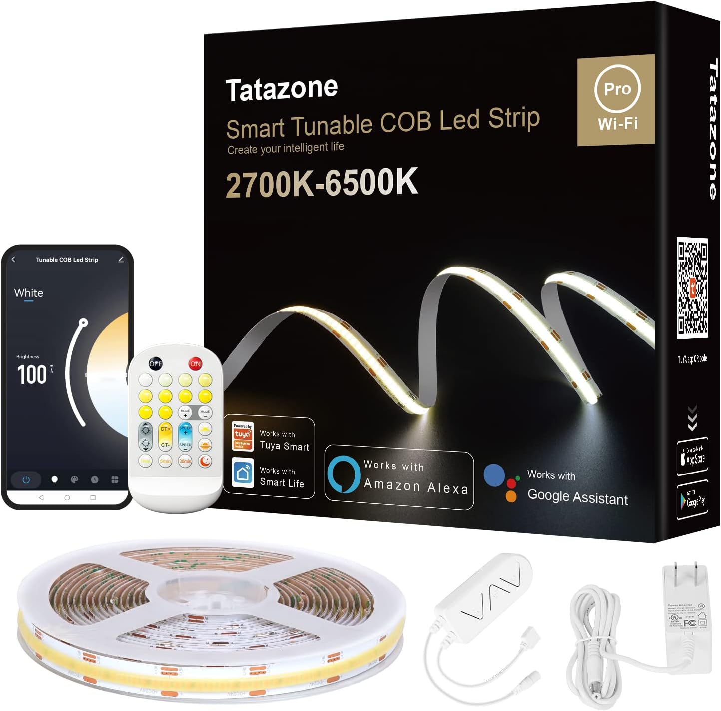 Tatazone 9.84ft Tunable White Smart COB Led Strip Light Kit, CCT 2700K-6500K Bright COB Led Tape Light Work with Alexa and Google, Dimmable Indoor COB Led Ribbon for Kitchen Cabinet, Room, TV