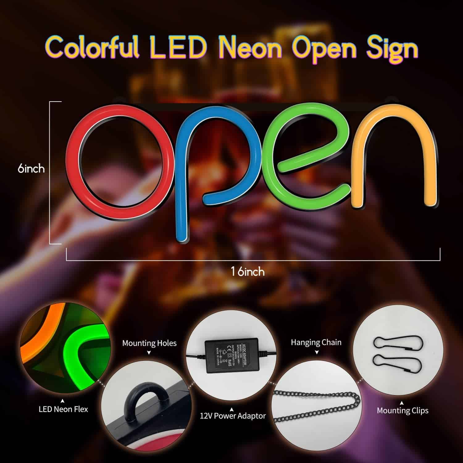 Tekstap Neon Open Sign for Business Window, RGB Color Changing LED Open Sign Vertical, 17x4 inches Open Sign Lighted with Remote Control  Power Adapter for Storefront/Business Window Restaurant/Bar