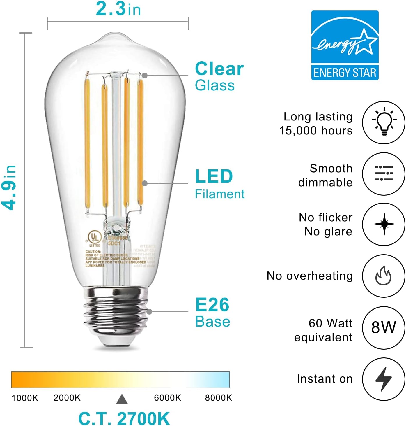 TJOY Edison Light Bulbs 60W Equivalent, Dimmable Vintage LED Light Bulbs, E26 Medium Base, Warm White 2700K, ST58, 8W, 800LM, 80+ CRI, Antique Decorative Filament LED Bulb, Clear Glass, 6 Pack