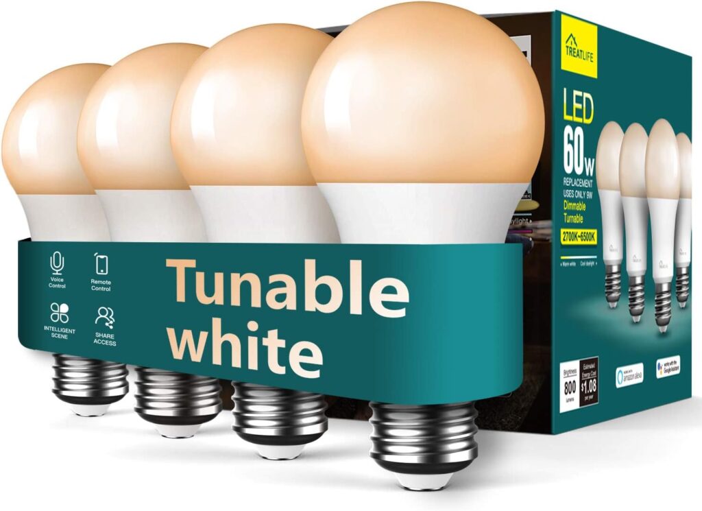 TREATLIFE Smart Light Bulbs 4Pack, 2500K-6500K Tunable White Dimmable LED Light Bulb Compatible with Alexa and Google Home, 2.4GHz WiFi Smart Bulb, 800LM, E26 A19 9W, No Hub Required