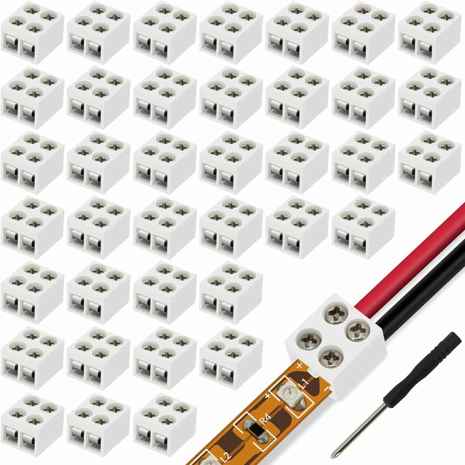 TTzycc 60 Pieces Solderless led Tape Light connectors, 8mm 2 pin led Connector, Wire for 5v 12v 24v Single Color LED Strip Lights，White, Screwdriver Included