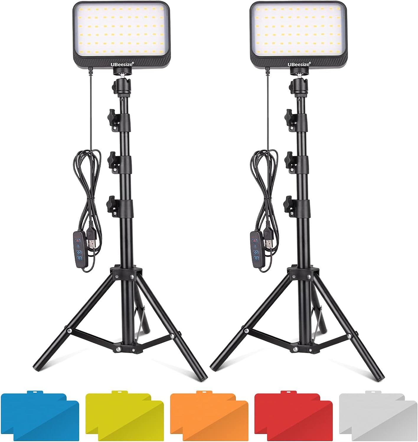 UBeesize LED Video Light Kit, 2Pcs Dimmable Continuous Portable Photography Lighting with Adjustable Tripod Stand  5 Color Filters for Tabletop/Low-Angle Shooting, for Zoom, Game Streaming, YouTube