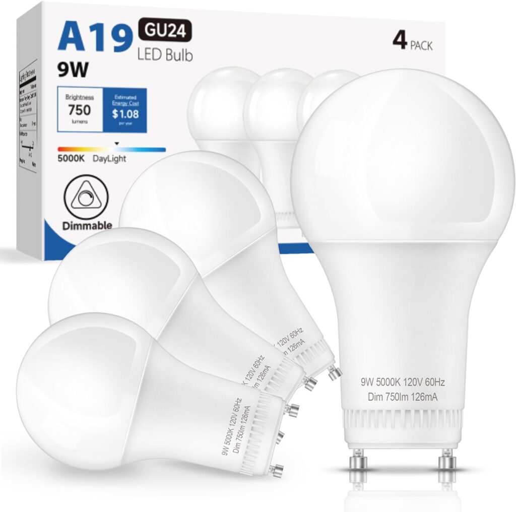 UNILAMP GU24 LED Light Bulb, A19 LED Bulbs 60 Watt Equivalent, 9W Dimmable LED Bulbs with Two Prongs, Daylight 5000K, Super Bright 750 Lumens, Twist and Lock GU24 Pin Base, 4 Pack