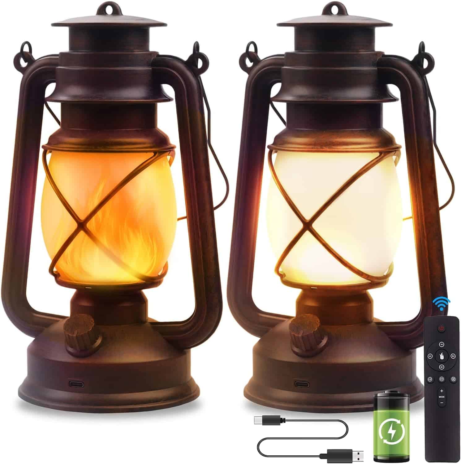 Vintage Lantern LED Battery Powered Camping Lamp Outdoor Hanging Lantern Flickering Flame Rechargeable Retro Lanterns Remote Control 4 Modes Light Non-Solar 2 Pack