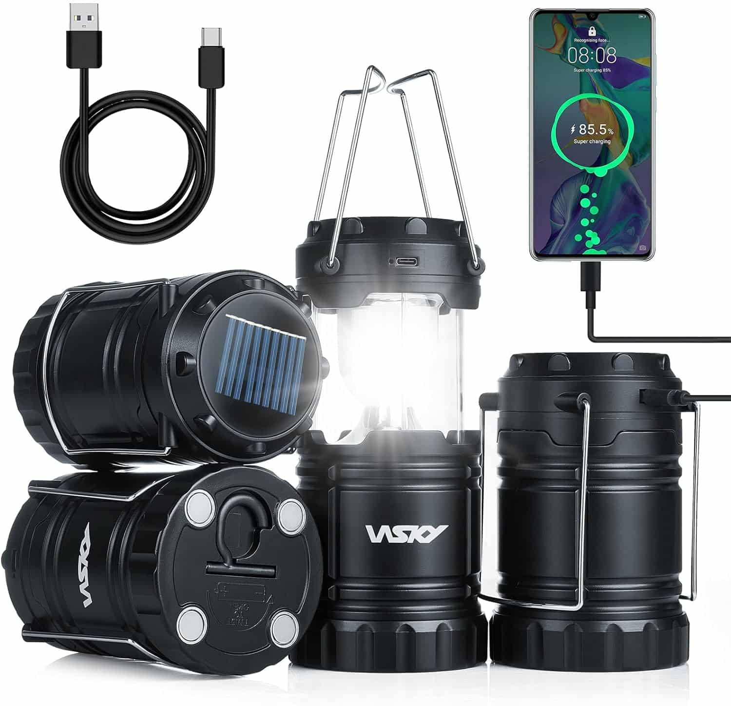Wsky Solar Camping Lantern 4-Pack - Rechargeable LED Lights, Magnetic Base  Foldable Hanging Hook- Collapsible Lamp Battery Powered Perfect for Power Outages, Hiking, Campsites, Emergencies