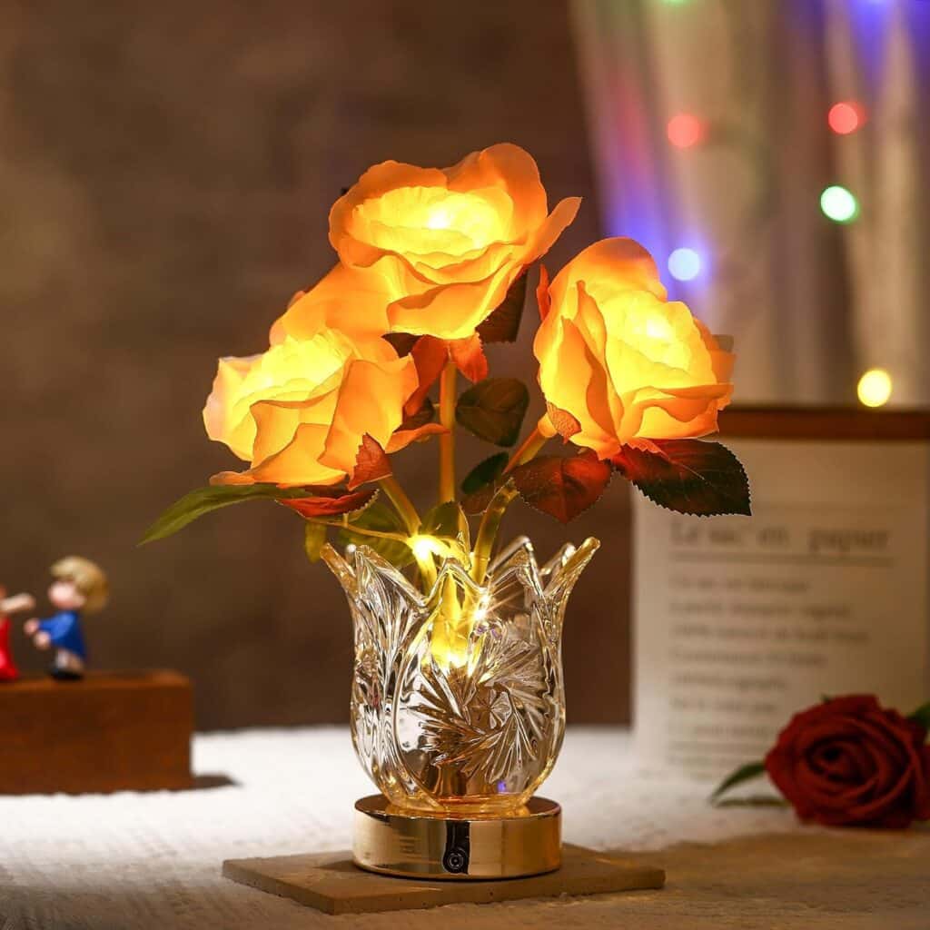 WSYEAR Rose Table Lamp Gifts for Mom Wife Daughter LED Artificial Flower Table Lamp Crystal Night Light for Bedroom Living Room Office Study Best Anniversary Birthday Unique Lamp Gift