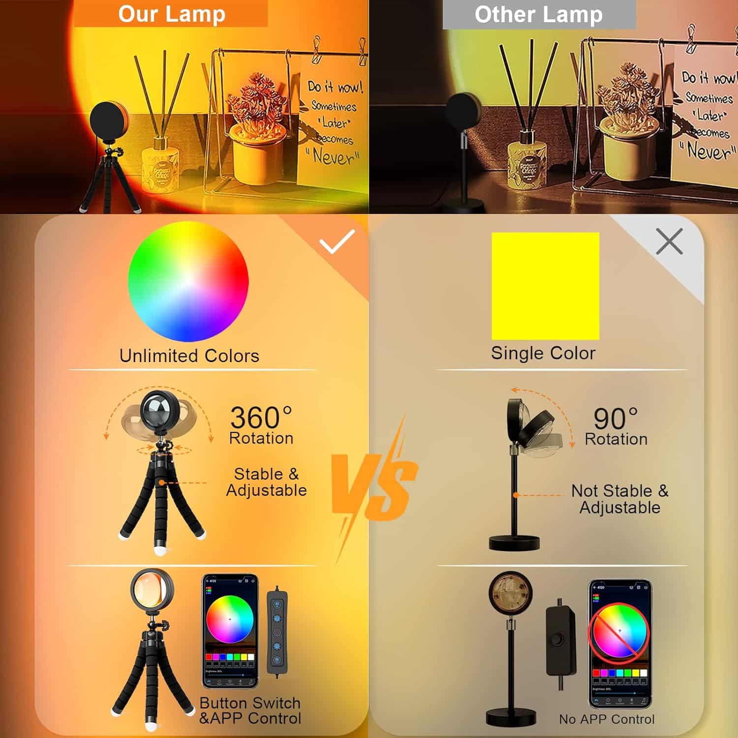 XEBKOR Sunset Lamp Projector Multicolor Changing LED Projection Lamp,Switch Button and APP Control 360 Degree Rotation Sunlight Lamp for Bedroom, Photography, Party, Tiktok Live, Room Decor