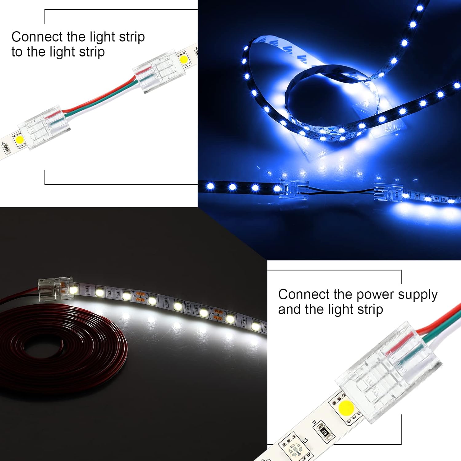 20 Pack 4 Pin 10mm Solderless LED Strip Connector Transparent Track Lighting Connectors LED Pin Connector, with Wire Strip Lights 16.4ft LED Strip and Connector Pry for 5050