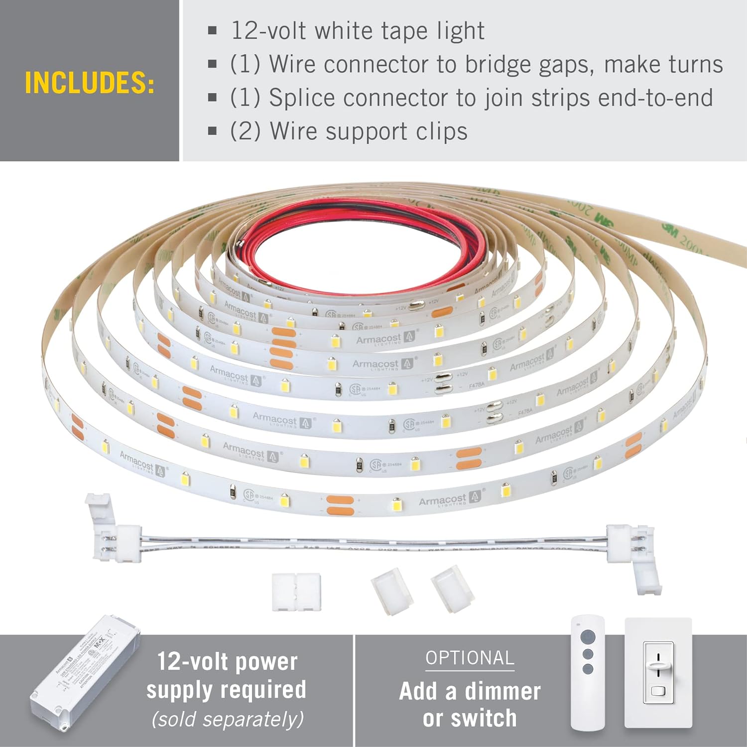 Armacost Lighting 151232 RibbonFlex Home 12V White LED Strip Light Tape 30 LED/m 4000K 16 ft (5m)