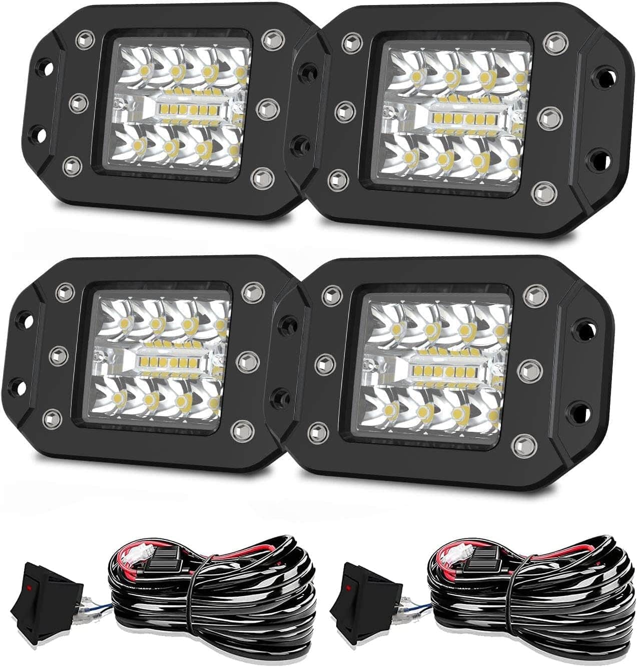 AUSI 4Pcs 4inch 18W Flush Mount LED Light Pods Yellow and White Strobe Light Driving Fog Off Road Cubes Lights with Rocker Switch  Wiring Harness for Truck ATV SUV Pickup Boat