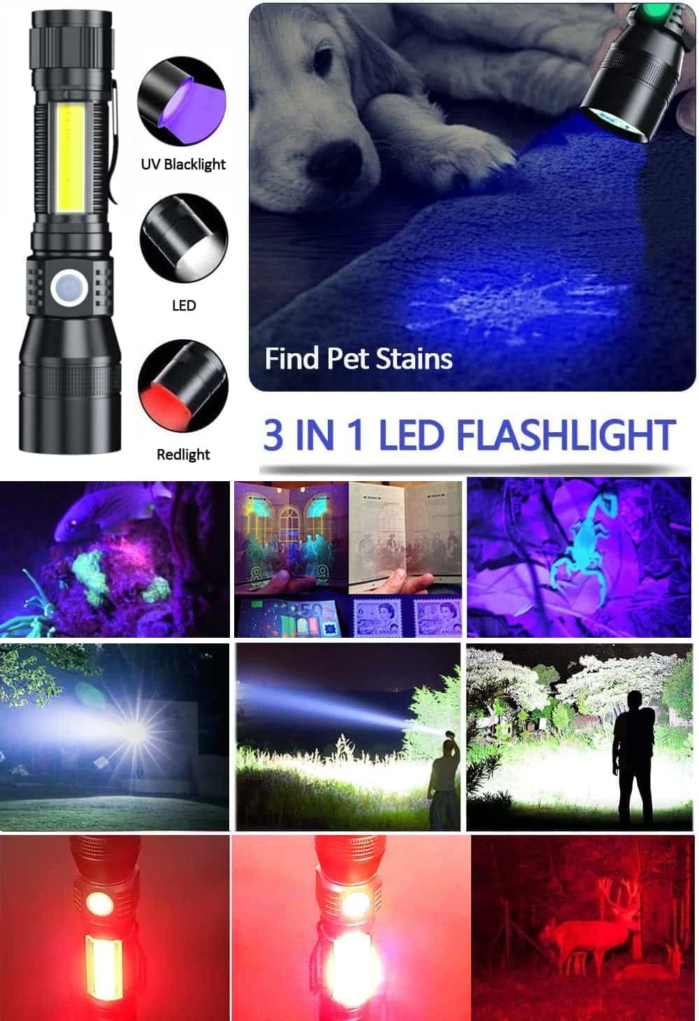 Black Light UV Flashlight Rechargeable, 3in1 Super Bright Tactical Flashlights LED UV Black Light Redlight, 2000Lumen 7Modes, Zoomable, Waterproof Pocket Flashlight for Pet Stains Detection,Camping