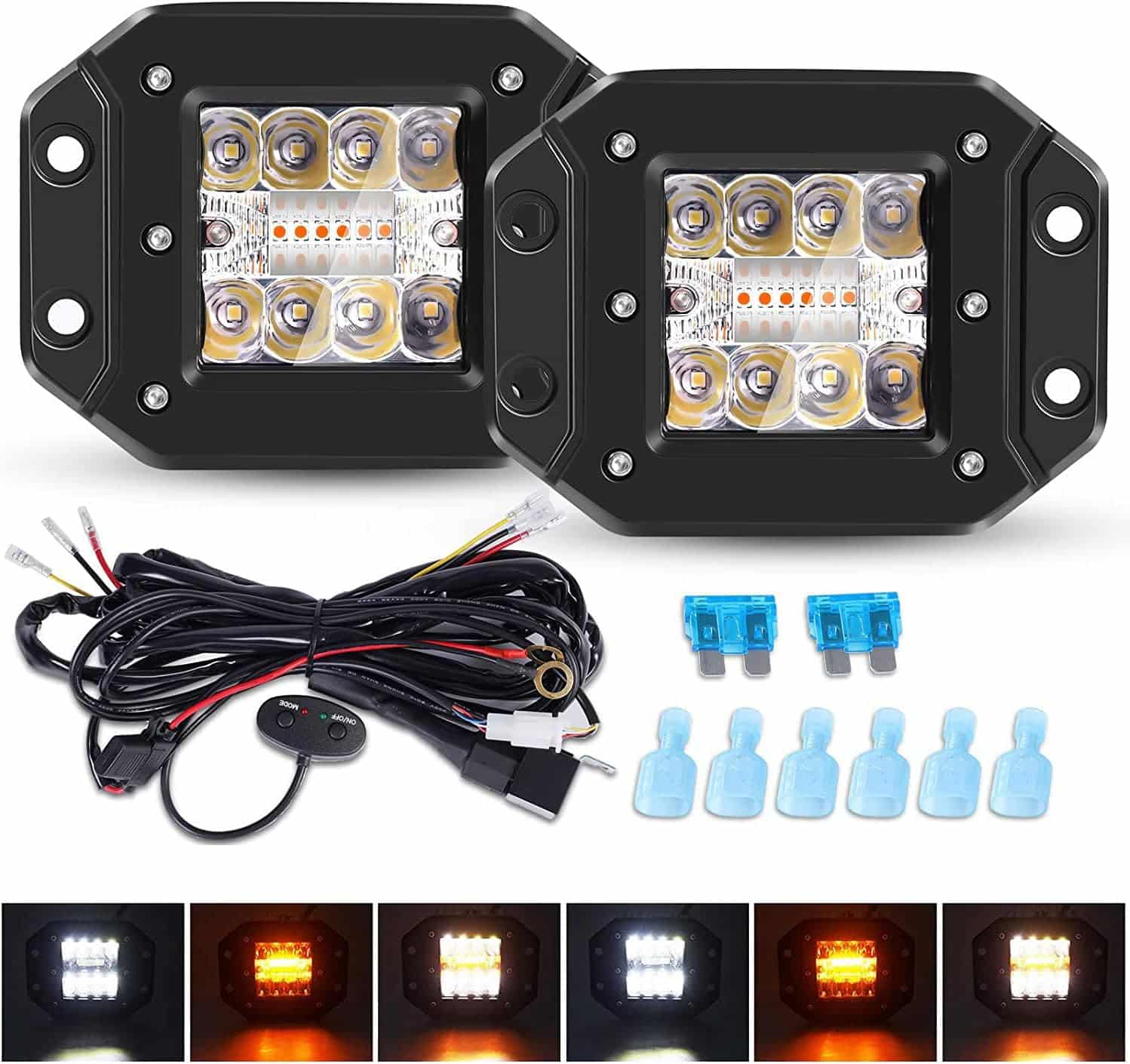 Flush Mount Led Pods Lights for Trucks, Strobe 6 Models White/Amber Dual Color 5inch LED Fog Lights Offroad Driving Light Bumper Light with Wiring Harness for Jeep SUV
