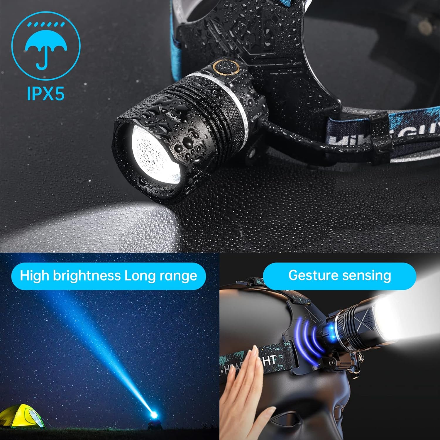 LED Rechargeable Headlamp, Headlight 90000 Lumens Super Bright with 6 Modes  IPX5 Warning Light, Motion Sensor Adjustable Headband Head Lamp, 60° for Adult Outdoor Camping Running Cycling