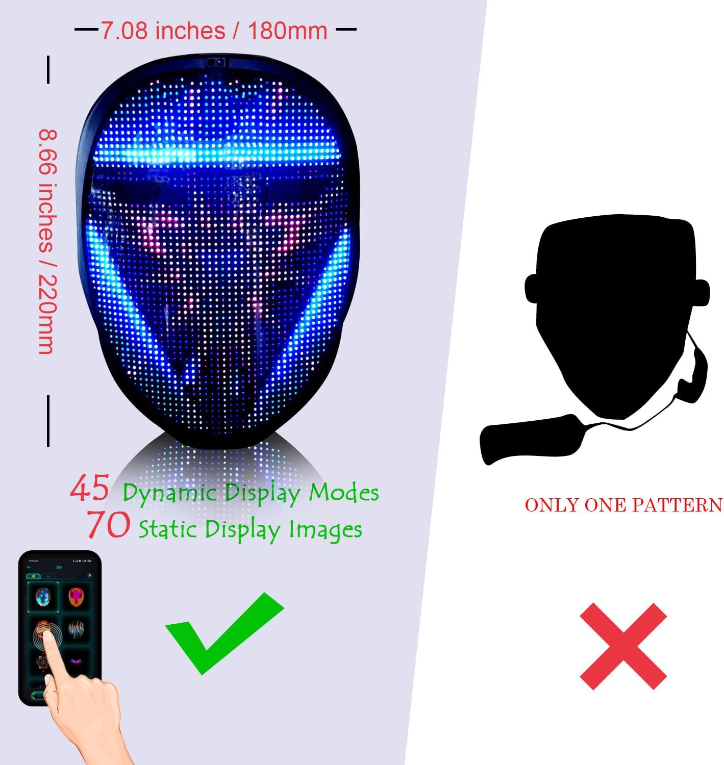 MEGOO Led Mask with Bluetooth Programmable App,Shining Led Light Up Face Mask for Adult Kid Halloween Masquerade Party