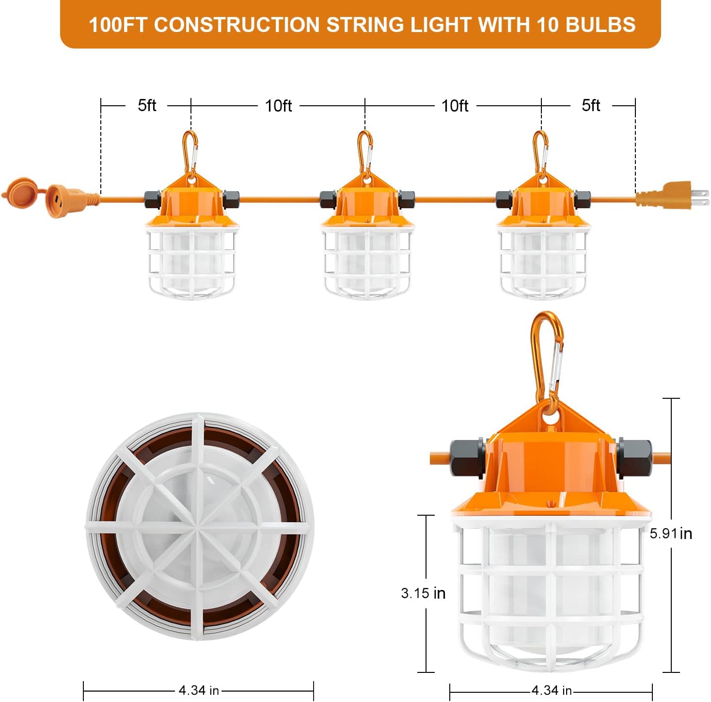 NS 100FT Construction String Lights 150W LED Industrial Grade 15000LM Super Bright for Construction Sites, Temporary Work, Renovation, Jobsite,and All Outdoor Lighting, with 10 Bulbs and Climbing Hook