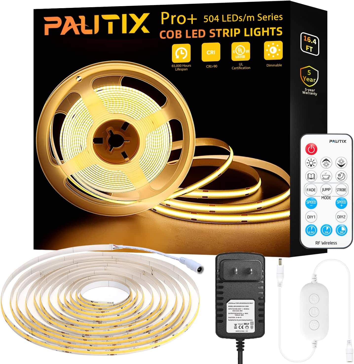 PAUTIX COB LED Strip Light 3780LEDs,Super Bright 8000 Lumen 3000K Warm White 24ft/7.5m,Dimmable 24V LED Tape Light with 3M Tape,RF Remote with Timer Function,48W Adapter,for Bedroom,Home,Kitchen DIY