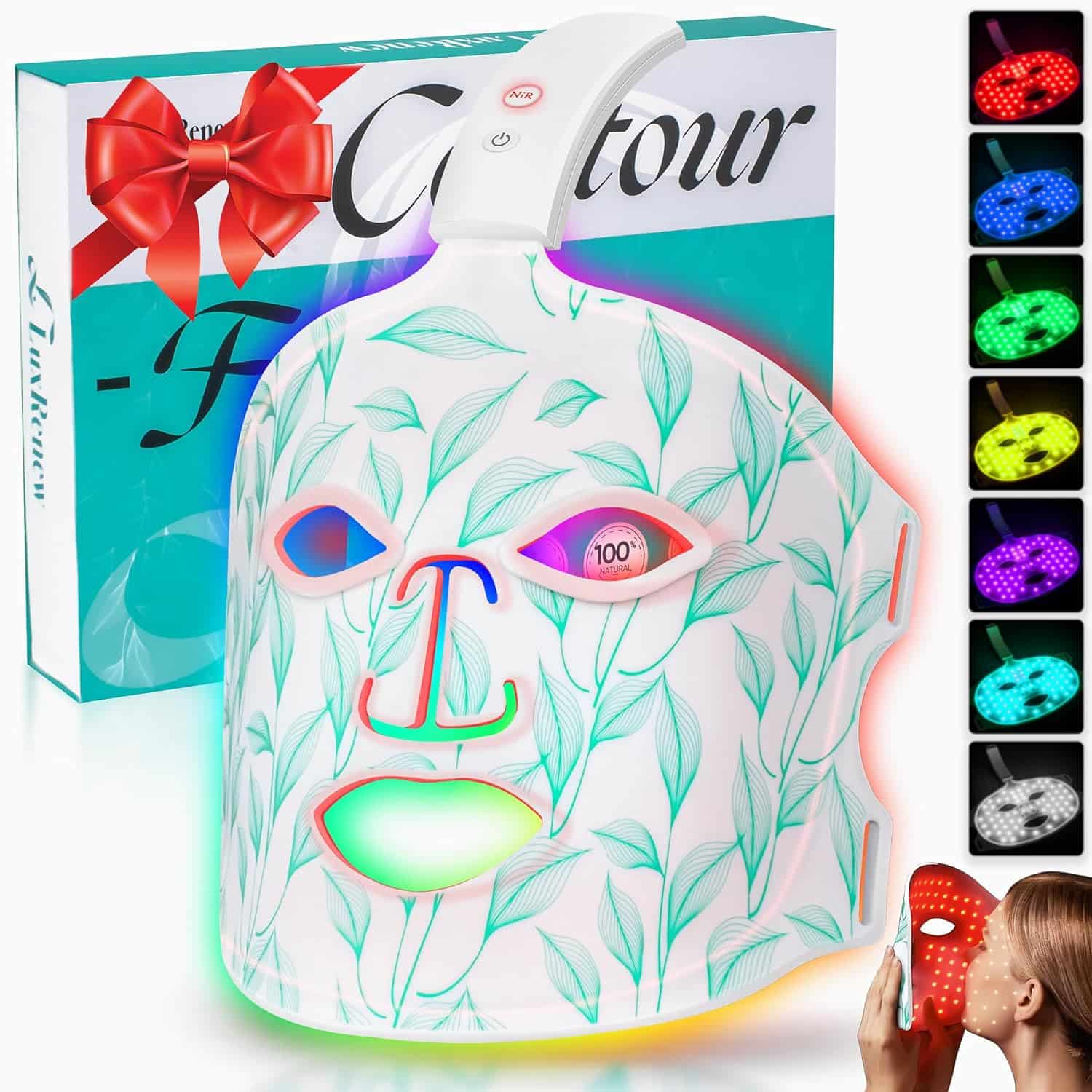 Red Light Therapy Mask, Led Contour Face Mask Light Therapy, 7+1 Color Near-infrared 850 Red Light Face Mask Portable and Rechargeable, Red Light Therapy At Home and Wireless Led Face Mask
