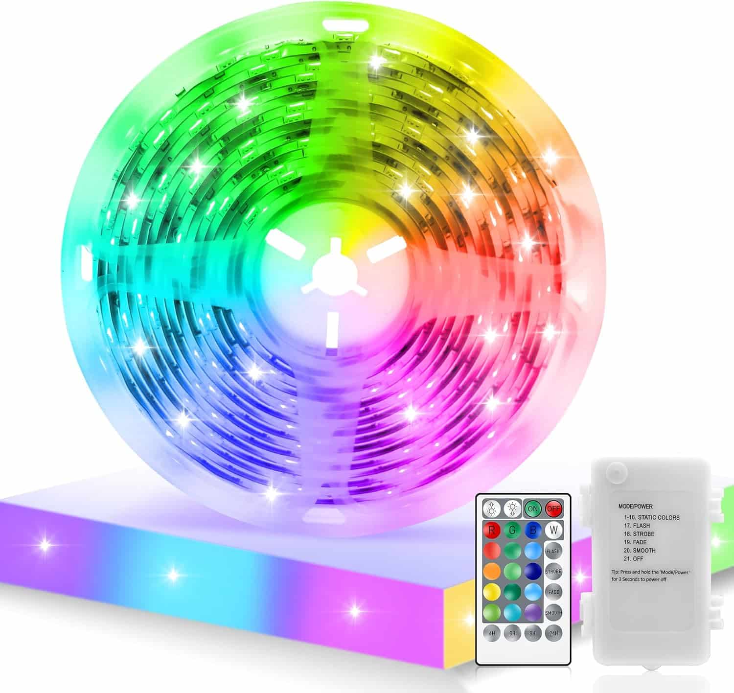 RGB LED Strip Lights Battery Powered, 16.4FT 150 LED 16 Color Changing Tape Lights with Remote Controller Timer Dimmable Self-Adhesive Waterproof LED Lights for Dorm Bedroom Cabinet Bar (C Cell)