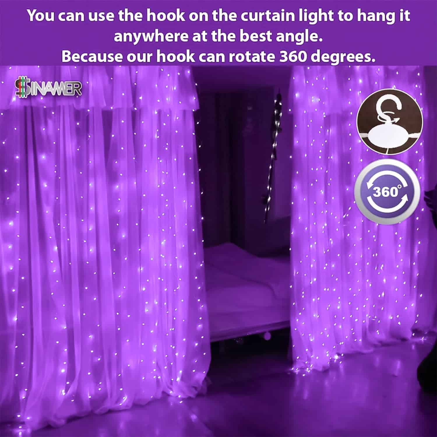 SINAMER White Curtain Light for Bedroom, 300 LED 9.8ft x 9.8ft Window Fairy Curtain String Light with 16 Hooks, 8 Models Remote Control for Wedding Party Home Garden Indoor Decorations