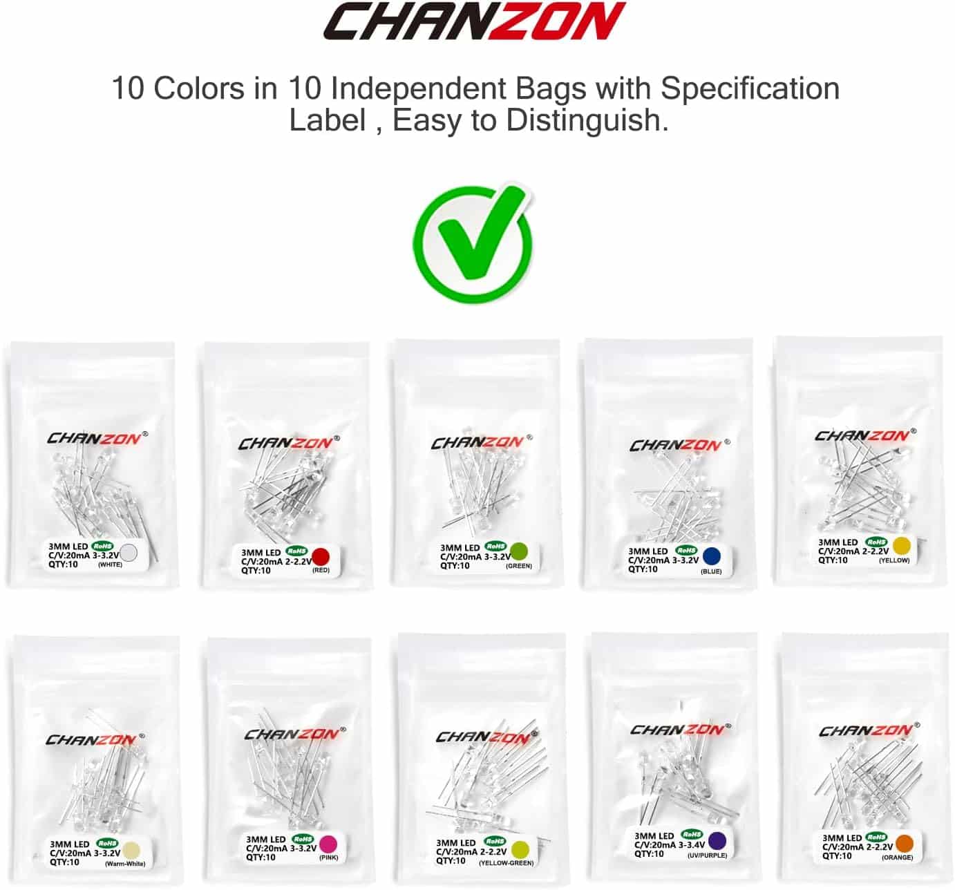 CHANZON 100pcs (10 Colors x 10pcs) 3mm LED Diode Lights Assortment (Clear Transparent Lens) Emitting Lighting Bulb Lamp Assorted Kit Variety Colour Warm White Red Yellow Green Blue Orange UV Pink